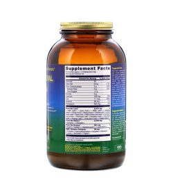 One brown green and blue bottle of HealthForce Vitamineral Greens Powder facts panel