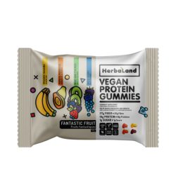 One white pack of Herbaland Vegan Protein Gummies Fantastic Fruit 50 grams