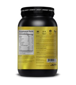 One black and yellow container of JYM PRO JYM Protein Blend 2lb Chocolate Peanut Butter facts panel
