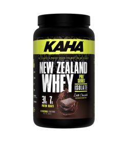 One black and green container of Kaha NewZealand Whey Dark Chocolate flavour