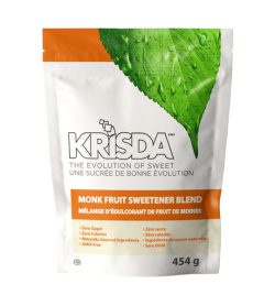 One white orange and green pack of Krisda Monk Fruit Sweetener 454 g