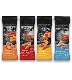 A banner showing 4 different flavours of Legendary Foods Flavoured almonds