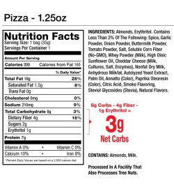 Nutrition fact and ingredients panel of LegendaryFoods Flavored Almonds Pizza Serving Size: 1 bag (35g)