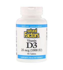 One white and blue bottle of NaturalFactors Vitamin D3 1000IU SUPPORTS HEALTHY BONES