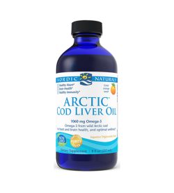 One white and blue bottle of NordicNaturals Arctic Cod Liver Oil Orange 473ml