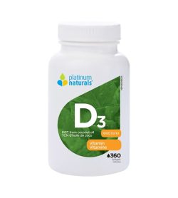 One white and green bottle of PlatimumNaturals Vitamin D2 1000 IU 360 softgels