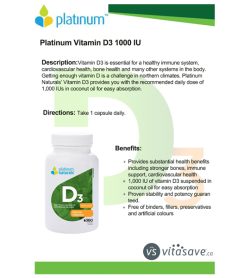 A white and green banner of PlatimumNaturals Vitamin D2 1000 IU 360 softgels benefits