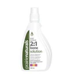 One white and green bottle of PrairieNaturals Calcium Bone Solution 21