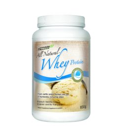 One white and yellow container of Precision All Natural Whey 850g French Vanilla Creme flavour