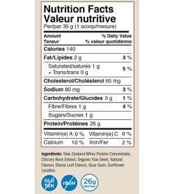 Nutrition fact and ingredients panel of Precision All Natural Whey 850g French Vanilla Creme Per/par 35 g (1 scoop/mesure)