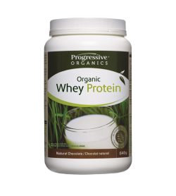 One white and green container of Progressive 100% Organic Whey Protein chocolate flavour 640 g
