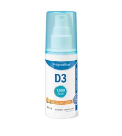 One white and blue bottle of Progressive D3 Spray 1000IU 125 sprays