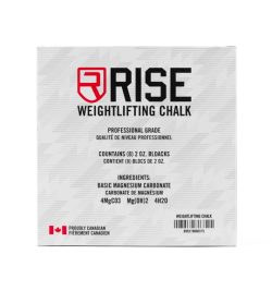 One grey label of Rise weightlifting chalk box of 8 ingredients