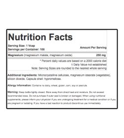 Nutrition fact and ingredients panel of Sisu Magnesium 250mg Serving Size: 1 Vcap