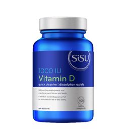 One blue and white bottle of Sisu Vitamin D 1000IU Helps in the development and maintenance of bones and teeth.