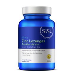 One blue and white container of Sisu Zinc Lozenges