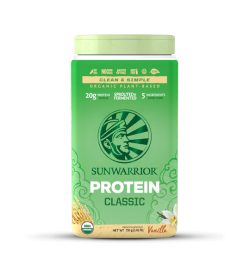 One green and yellow panel of Sunwarrior Protein Raw Vegan 750g vanilla flavour