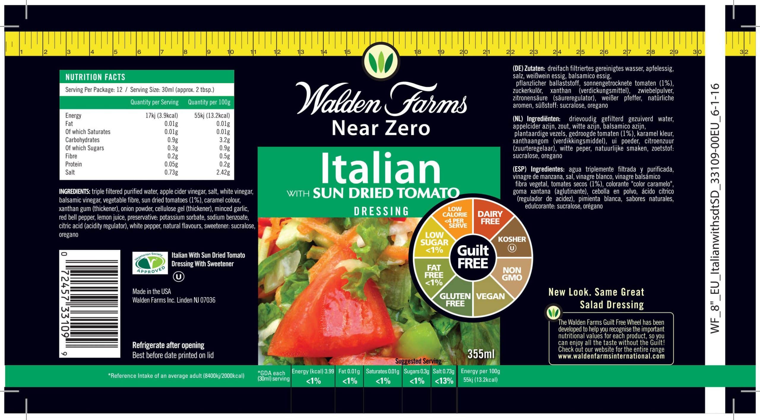Walden farms Near Zero Italian WITH SUN DRIED TOMATO DRESSING Guilt FREE full label