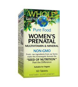 One green and blue box of Whole Earth & Sea Womens Prenatal MULTIVITAMIN & MINERAL 60 Tablets
