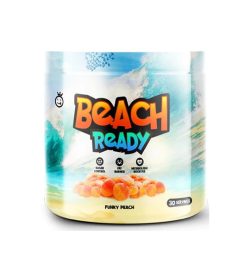 Part of white and blue bottle of Yummy Sports Beach Ready 30 servings Funky Peach flavour