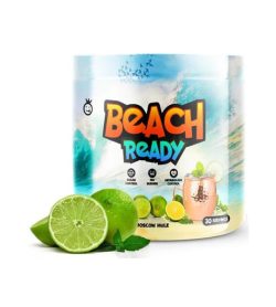 Part of blue and white bottle of Yummy Sports Beach Ready 30 servings Moscow Mule flavour