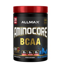 One black and red container of Allmax Aminocore 30Servings Blue Raspberry flavour