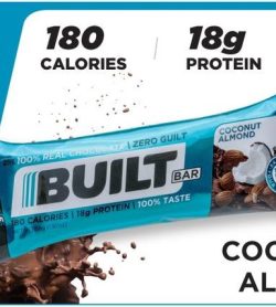 A banner showing one pack of Built bar bar 56 g coconut almond flavour 18 g protein