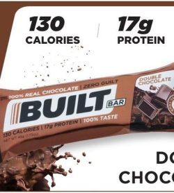 A banner showing one pack of Built bar bar 56 g double chocolate flavour 17 g protein
