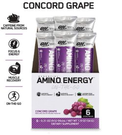 One white and purple box of OptimumNutrition Amino Energy 1Serving on the go concord grape flavour