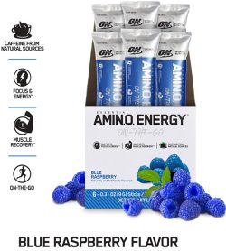 One white and blue box of OptimumNutrition Amino Energy 1serving Blue Raspberry flavour