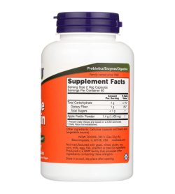 One white and orange bottle of NOW Apple Pectin 700mg 120caps facts panel