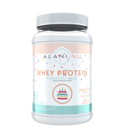 One white and cyan bottle of Alaninu Whey Protein 30 Servings Confetti Cake flavour