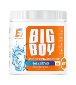 One white and orange container of BallisticLabs Big Boy Muscle Swelling System Blue Sharknado flavour