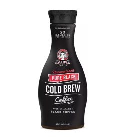One black and red bottle of Califia Farms Pure Black Unsweetened Cold Brew Coffee flavour 1.4L Jug