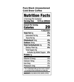 Nutrition fact panel of Califia Farms Pure Black Unsweetened Cold Brew Coffee 1.4L Jug Serving Size 12 fl oz (360ml)