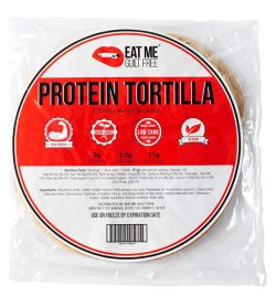One white and red package of EatMe Guilt Free Protein Tortilla 328g 9g PROTEIN 2.5g HIGH FIBER 11g NET CARBS