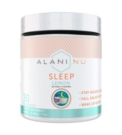 One white and cyan container of AlaniNu Sleep Powder Lemon 30 Servings NET WT. 4.16oz 118G
