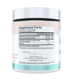 One white and cyan container of AlaniNu Sleep Powder Lemon 30 Servings supplement facts side