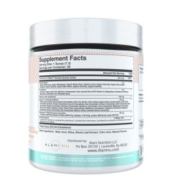 One white and cyan container of Alaninu Super Greens 30servings showing supplement facts panel