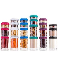 Multiple Blender Bottles GoStak of different colours stacked with sample contents inside
