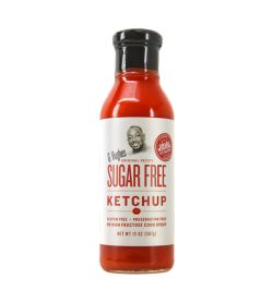 One white and red bottle of GHughes Sugar Free Ketchup NET WT 13 OZ (367g)