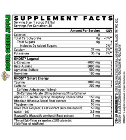 Supplement facts panel of Ghost Legend Pre Workout 30Servings Warheads Sour Green apple flavour Serving Size: 1 scoop (12.5g)