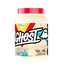 One light brown and red container of Ghost Whey Protein 949g Cereal Milk flavour