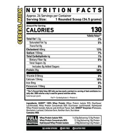 Nutrition fact and ingredients panel of Ghost Whey Protein 949g Cereal Milk flavour Serving Size: 1 Rounded Scoop (34.5 grams)