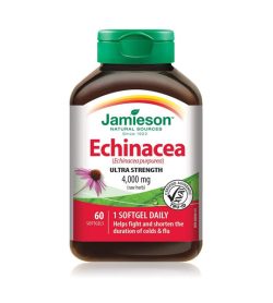 One white and red bottle with green caps of Jamieson Echinacea 4000mg Ultra Strength 60 soft gels