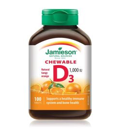 One white and orange bottle with green cap of Jamieson Vitamin D3 Chewable 1000IU 100tablets tangy orange flavour