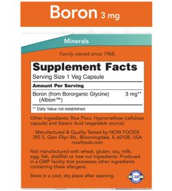 Supplement facts panel of NOW Boron 3mg 100 Veg Capsules