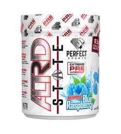 One white and blue container of Perfect Sports ALTRD STATE 20Servings blue raspberry pre workout supplements