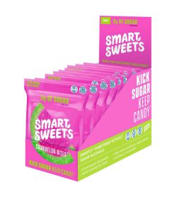 Pink and green box of SmartSweets Sourmelon Bites kick sugar keep candy