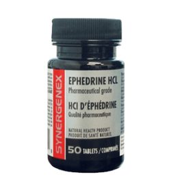 One black and orange bottle of Synergenex Ephedrine HCL 8mg 50 Tablets NATURAL HEALTH PRODUCT